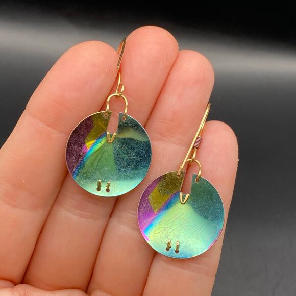 HOLLY YASHI Earrings Niobium Round Circle Pink Gold Blue Dangle Drop Signed - Picture 2 of 7